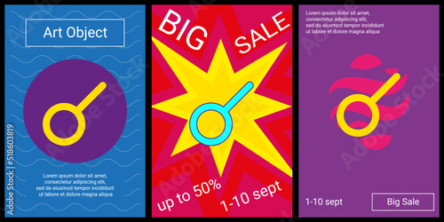 Trendy retro posters for organizing sales and other events. Large astrological connection symbol in the center of each poster. Vector illustration on black background