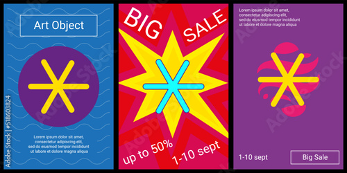 Trendy retro posters for organizing sales and other events. Large astrological sextile symbol in the center of each poster. Vector illustration on black background photo