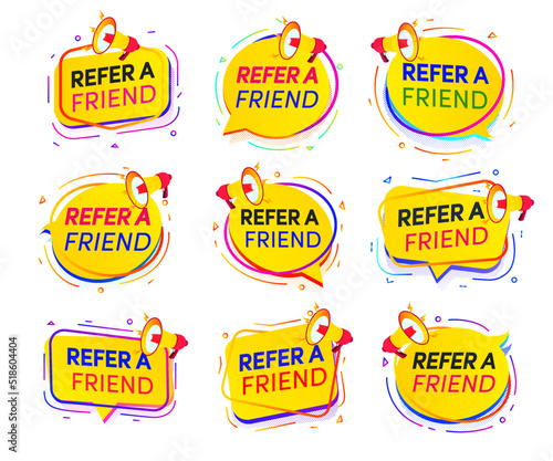 Refer a friend banner with loudspeaker set for friends social media marketing, information share reference advice or suggestion, media post, referral program promo, app network. Vector 10 eps