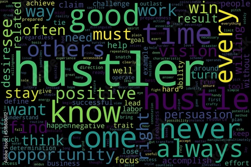 Word tag cloud on black background. Concept of hustler photo