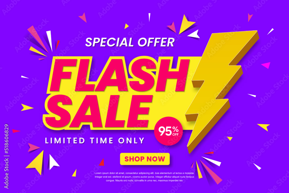 Flash sale banner template design. Abstract sales banner. 95% discount promotion banner design. 3d vector illustration