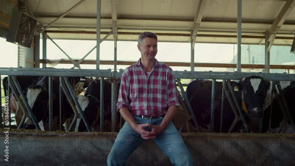 Farm worker relax hard day sitting barn. Agronomist enjoying work in cowshed. Farm worker relax hard day sitting barn. Agronomist enjoying work in cowshed.