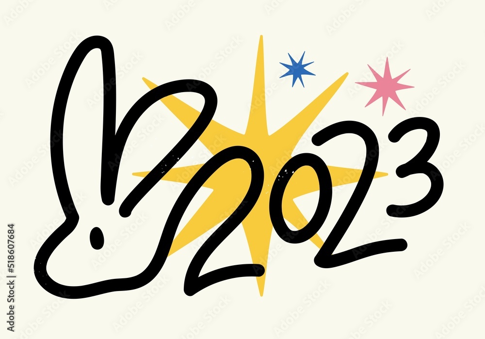 Vector celebration illustration of Chinese New Year 2023 symbol, year of the rabbit. Typography poster with black line art animal head. Trendy party print design with hare and calligraphy Vector celebration illustration of Chinese New Year 2023 symbol, year of the rabbit. Typography poster with black line art animal head. Trendy party print design with hare and calligraphy