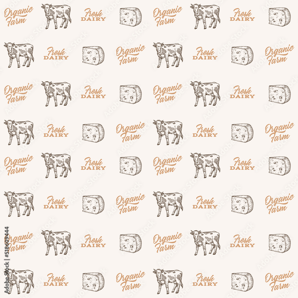 Hand Drawn Cheese, Cow and Typography Lettering Vector Seamless Background Pattern. Dairy Farm Products Sketches Card, Wrapping or Cover Template Hand Drawn Cheese, Cow and Typography Lettering Vector Seamless Background Pattern. Dairy Farm Products Sketches Card, Wrapping or Cover Template