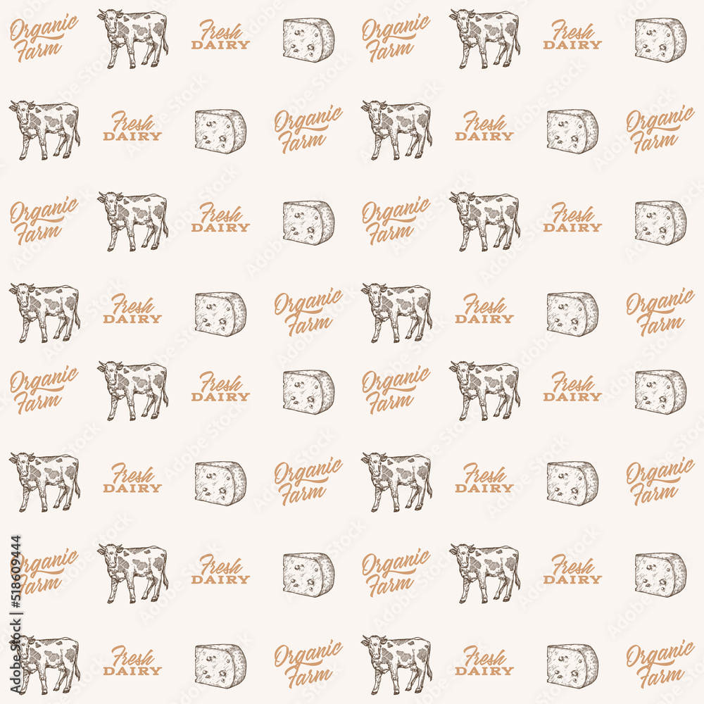 Hand Drawn Cheese, Cow and Typography Lettering Vector Seamless Background Pattern. Dairy Farm Products Sketches Card, Wrapping or Cover Template