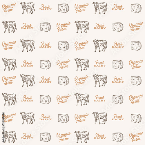 Hand Drawn Cheese  Cow and Typography Lettering Vector Seamless Background Pattern. Dairy Farm Products Sketches Card  Wrapping or Cover Template