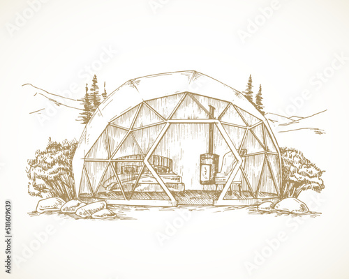 Hand Drawn Glamping Landscape Vector Illustration. Cozy Outdoor Vacation Dome Tent with Mountains and Trees Sketch Background. Nature Recreation Bungalow Doodle Isolated