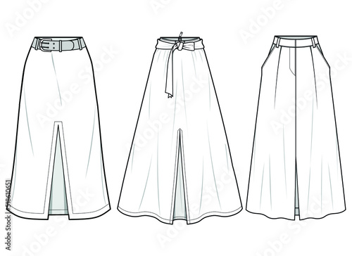 women front slit maxi skirt, formal long skirt  Fashion Illustration, Vector, CAD, Technical Drawing, Flat Drawing.
