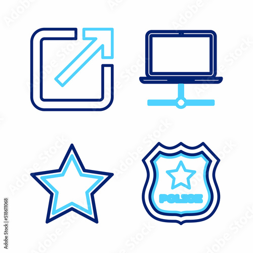 Set line Police badge, Star, Computer network and Open in new window icon. Vector