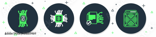 Set line Processor, Smart contract, Cryptocurrency bitcoin in circuit and ASIC Miner icon. Vector