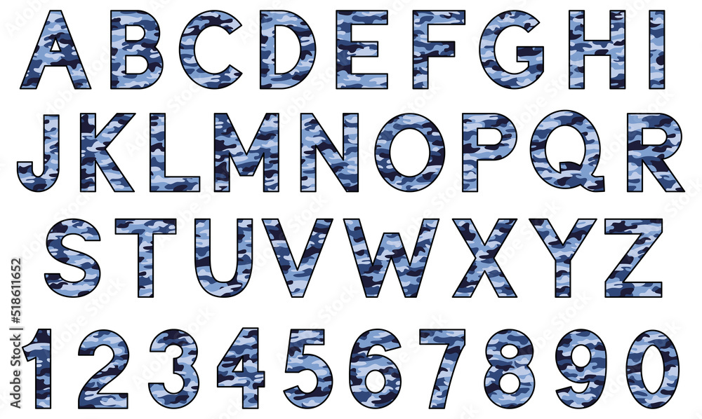 Blue Camouflage Patterned Alphabet Letters and Numbers Graphic Set Blue Camouflage Patterned Alphabet Letters and Numbers Graphic Set