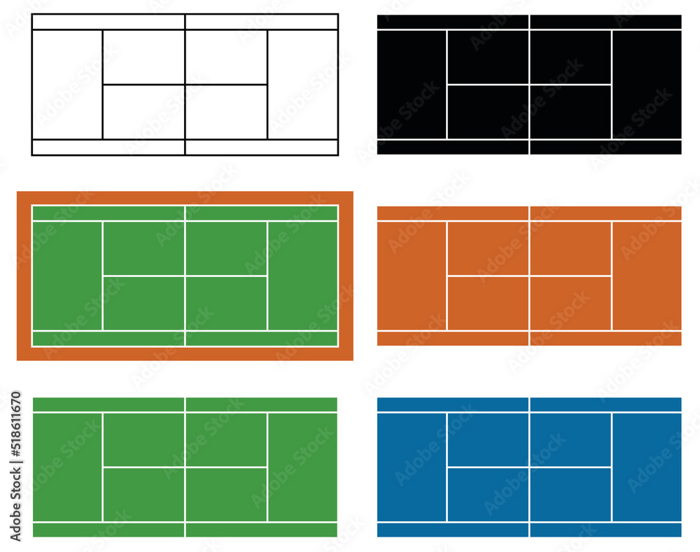 Tennis Court Diagram Clipart Set - Outline, Silhouette and Color