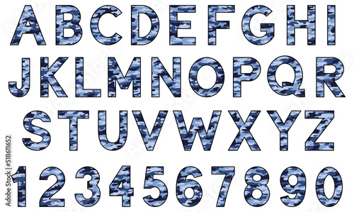 Blue Camouflage Patterned Alphabet Letters and Numbers Graphic Set