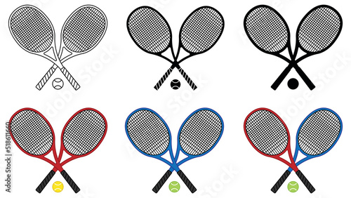 Crossed Tennis Racket and Ball Clipart Set - Outline, Silhouette and Color	
