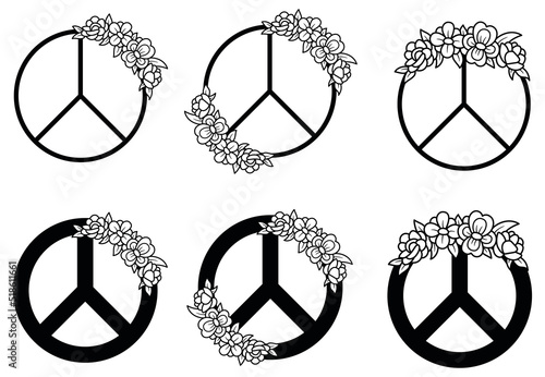 Peace Symbol and Flowers Clipart Set - Outline and Silhouette