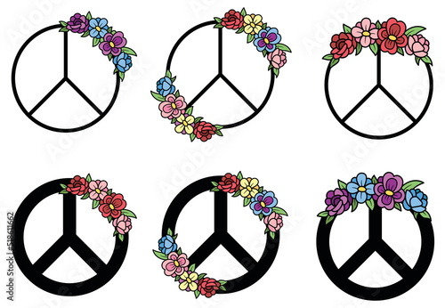 Peace Symbol and Flowers Clipart Set - Color