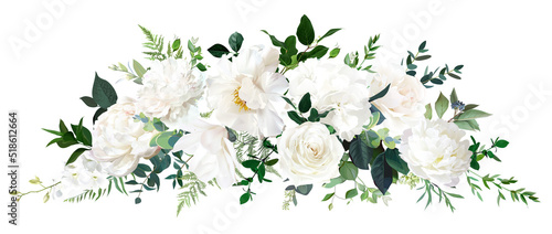 Classic white peony, hydrangea, magnolia and rose flowers, eucalyptus, fern, salal, greenery
