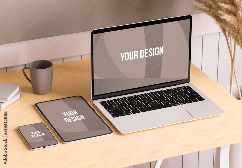 Clean Desktop with Devices Mockup Stock Template | Adobe Stock