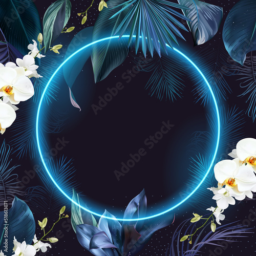 Tropical blue elegant frame arranged from exotic leaves and white orchid flowers. Design vector