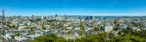 Aerial view of Alamo square famous Victorian row houses with San Francisco downtown in the background