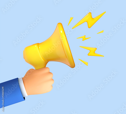 3D cartoon hand hold megaphone. Marketing time concept. Loudspeaker with lightning. Vector 3d illustration.
