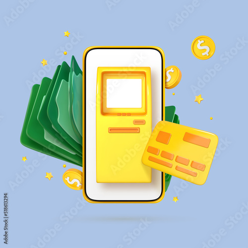 3D cartoon smartphone with ATM machine, credit card and money. Online payment concept. Mobile wallet application. Banking app. Transfer money via smartphone. Vector 3d illustration