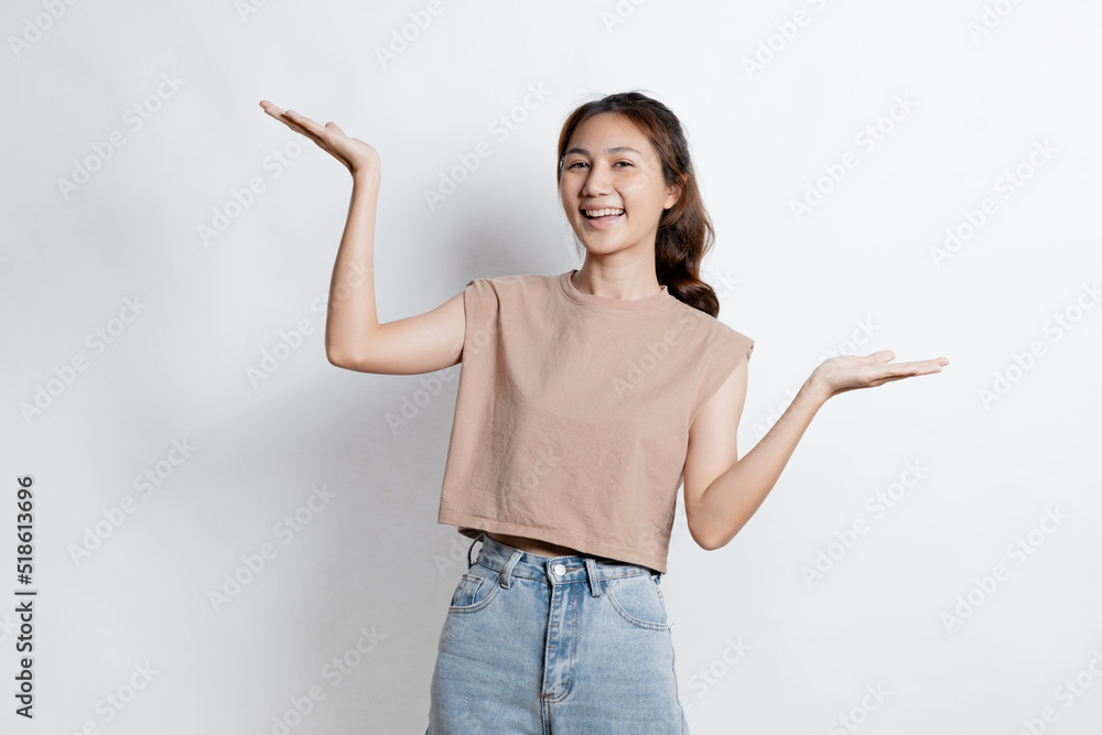 Beautiful Asian woman gesturing for advertisement editing on isolated background, portrait concept used for advertisement and signage, isolated over white background, copy space. Beautiful Asian woman gesturing for advertisement editing on isolated background, portrait concept used for advertisement and signage, isolated over white background, copy space.