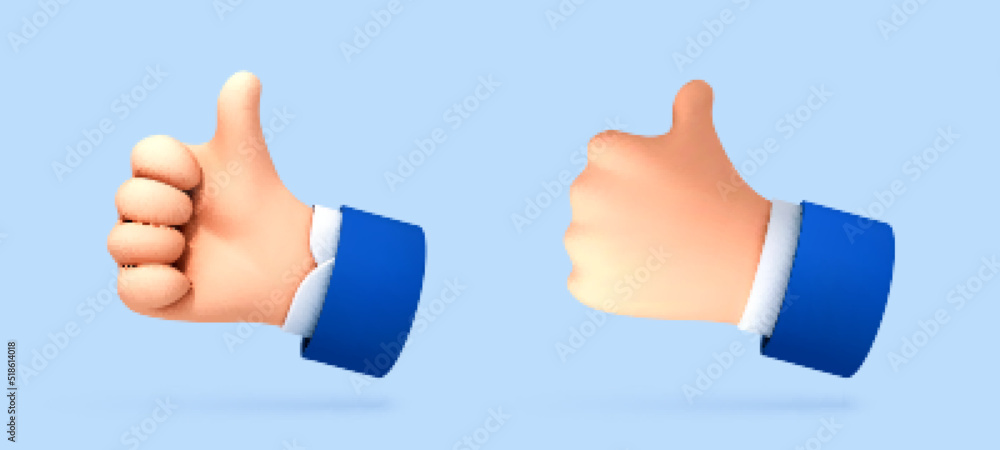 3D cartoon thumb up hand gesture isolated on blue background. Hand thumb up or like sign. Vector 3d illustration 3D cartoon thumb up hand gesture isolated on blue background. Hand thumb up or like sign. Vector 3d illustration