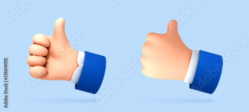 3D cartoon thumb up hand gesture isolated on blue background. Hand thumb up or like sign. Vector 3d illustration