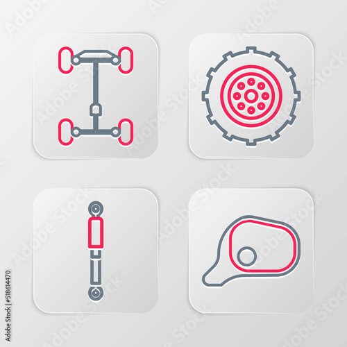 Set line Car mirror, Shock absorber, wheel and Chassis car icon. Vector