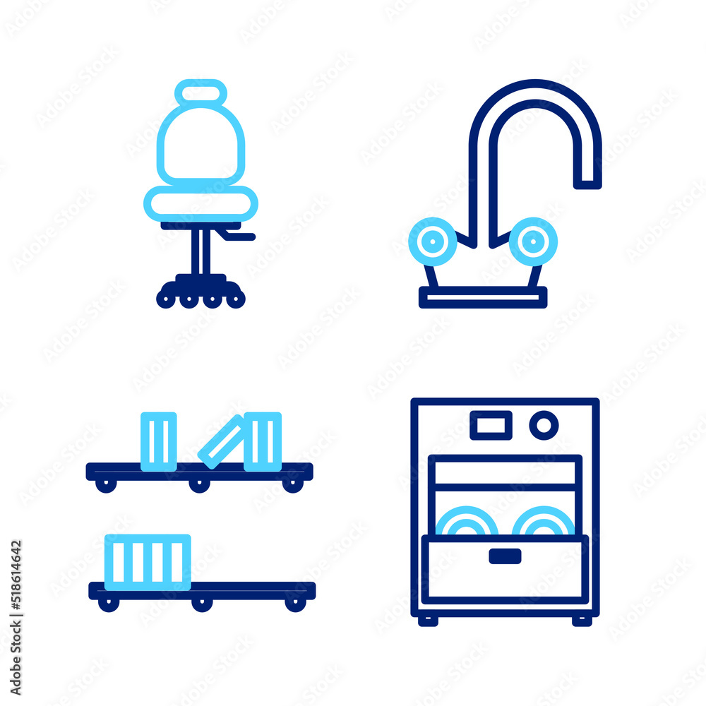 Set line Kitchen dishwasher machine, Shelf with books, Water tap and Office chair icon. Vector Set line Kitchen dishwasher machine, Shelf with books, Water tap and Office chair icon. Vector