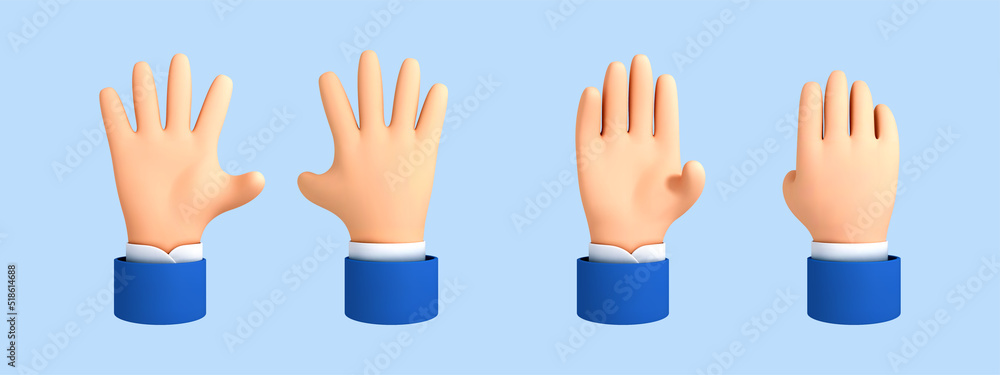 Obraz premium Vector cartoon open palm, hello gesture. Five fingers, hello palm isolated on blue background. 3D cartoon hand goodwill gesture.