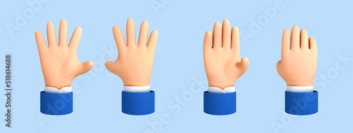 Vector cartoon open palm, hello gesture. Five fingers, hello palm isolated on blue background. 3D cartoon hand goodwill gesture.