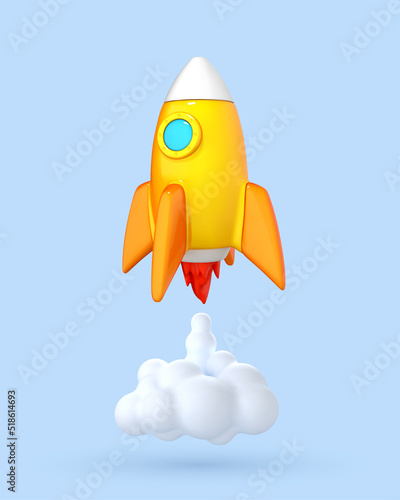 3D cartoon rocket launch on blue background. Business startup concept. Vector 3d illustration