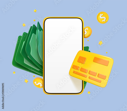 3D cartoon smartphone with credit card and money. Online payment concept. Mobile wallet application. Banking app. Transfer money via smartphone. Vector 3d illustration