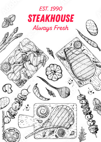 Grilled meat frame. Steak House menu. Hand drawing collection. Bbq grill food sketch. Menu design elements. Vector illustration. Engraved design. Hand drawn illustration.