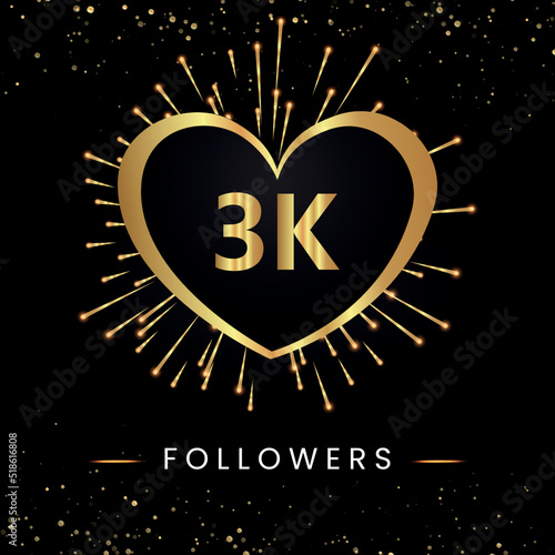 Thank you 3k or 3 thousand followers with gold heart, fireworks and golden bokeh isolated on black background. Premium design for poster, social media story, social sites posts, banner.