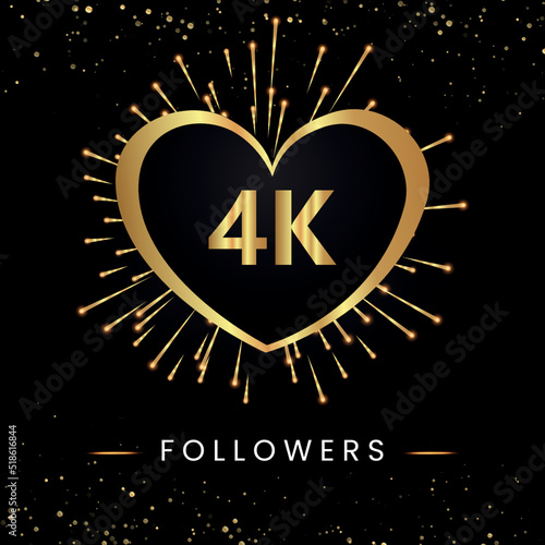 Thank you 4k or 4 thousand followers with gold heart, fireworks and golden bokeh isolated on black background. Premium design for poster, social media story, social sites posts, banner.