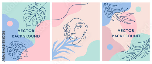 Set de vectores en diseño lineal con concepto de mujer, belleza, hojas y naturaleza, espacio para texto o logo de empresa, util para aplicaciones web o físicas.