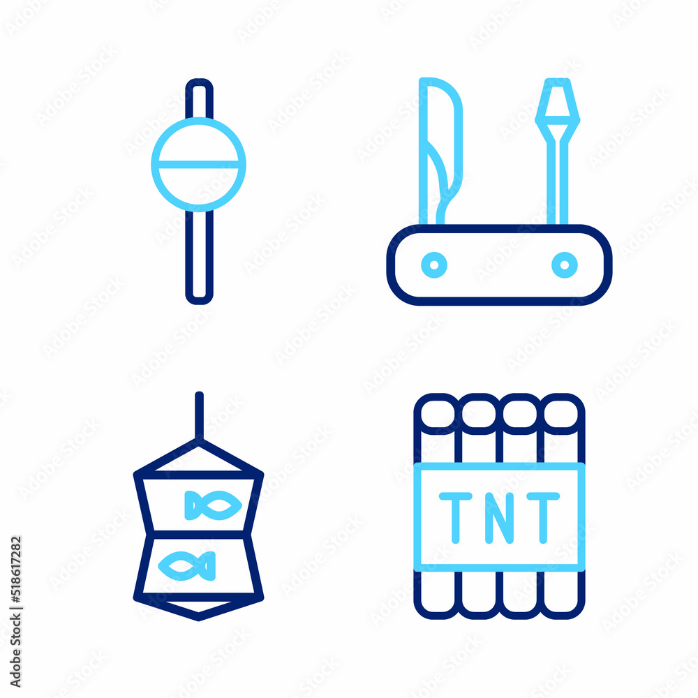 Set line Detonate dynamite bomb stick, Fishing net with fish, Swiss army knife and float icon. Vector Set line Detonate dynamite bomb stick, Fishing net with fish, Swiss army knife and float icon. Vector