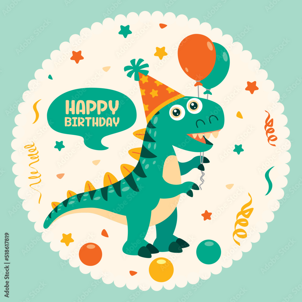 Naklejka premium Birthday Card With Dinosaur Character