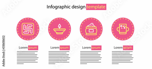Set line Indian spice, Cup of tea and leaf, Aroma lamp and Hindu swastika icon. Vector