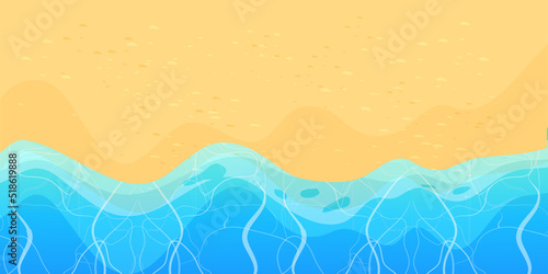 Summer beach with sand and waves top view in cartoon style, background. Tropical coast line, landscape, scenery.