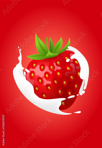 Whole strawberry. Fresh red ripe soft berry with milk liquid splash and pour, flowing yogurt or cream splatter drops. Realistic 3D vector illustration. Healthy food, sweet fruit. On red b