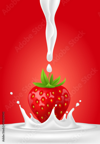 Whole strawberry. Fresh red ripe soft berry with milk liquid splash and pour, flowing yogurt or cream splatter drops. Realistic 3D vector illustration. Healthy food, sweet fruit. On red background