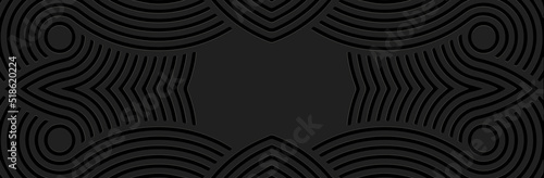 Banner, cover design. Embossed ethnic 3D pattern of stripes and lines on a black background, actual art deco style. Tribal geometric ornaments for websites, presentations.