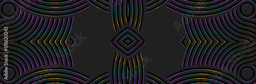 Banner, cover design. Embossed ethnic 3D pattern of stripes and lines on a black background, actual art deco style. Tribal geometric fantasy ornaments for websites, presentations.