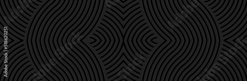 Banner, cover design. Embossed ethnic 3D pattern of stripes and lines on a black background, actual art deco style. Tribal geometric unique ornaments for websites, presentations.