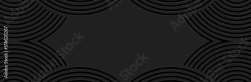 Banner, cover design. Embossed ethnic 3D pattern of stripes and lines on a black background, actual art deco style. Tribal geometric creative ornaments for websites, presentations.