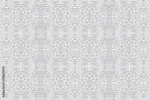 Embossed white background, ethnic cover design. Geometric floral 3D pattern, arabesques. Tribal topical ornaments of the East, Asia, India, Mexico, Aztecs, Peru.